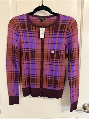 Ann Taylor Factory Purple and Brown Plaid Button-Front Cardigan